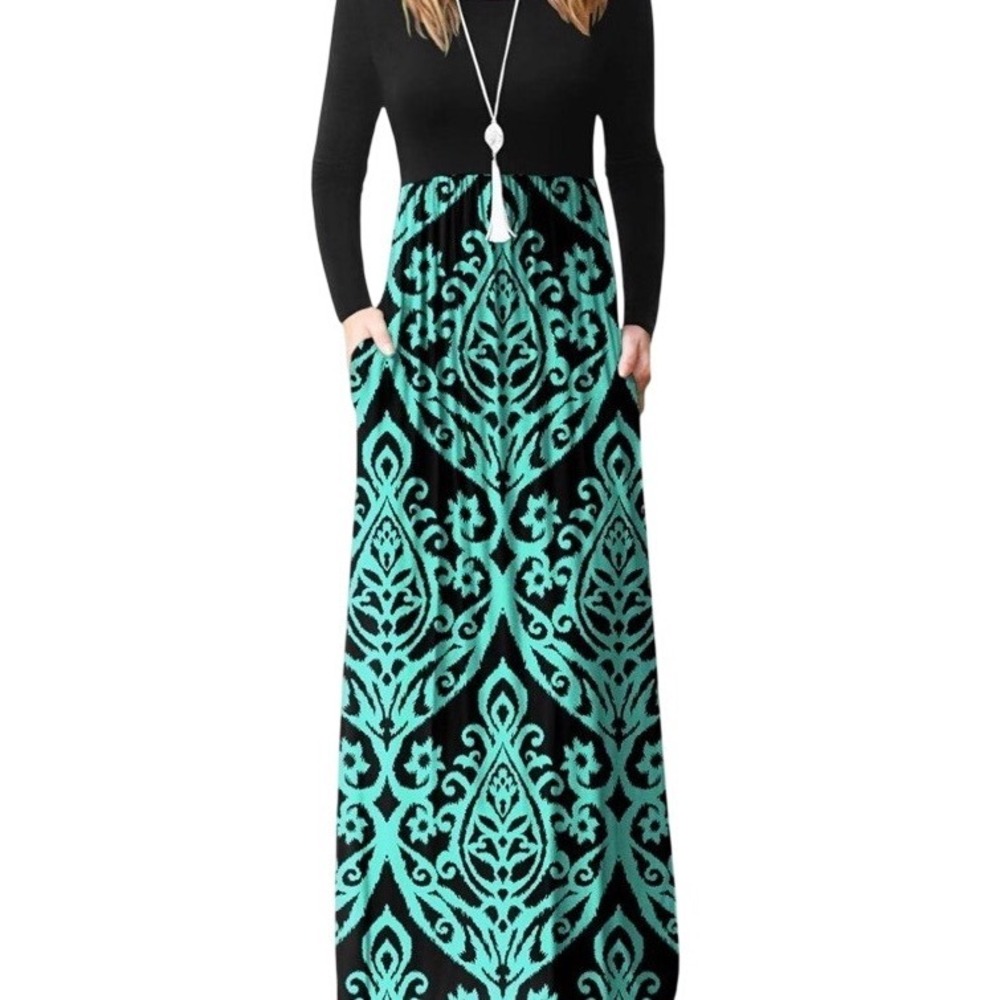 Grecerelle M Black Solid Top Black/Green Long Sleeve Maxi Dress‎ Comfy Pockets